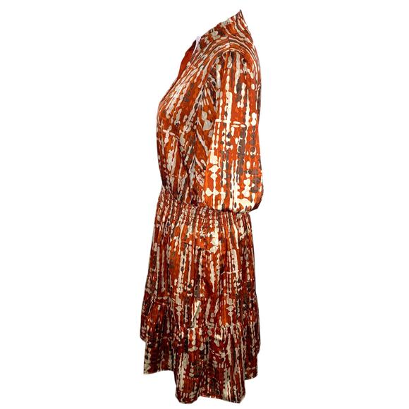 THML Women's Size MED Dress Rust Cream Brown Ruffle Bottom Puff Sleeve - Picture 4 of 14